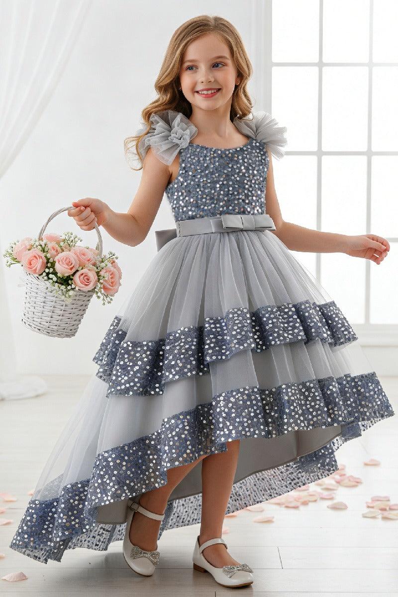 Ruffled Flutter Shoulder Sequin Ruffled Trim Bodice Tulle High-Low Flower Girl Dresses 1029823265576 - 7 Days / Gray / 110cm - COCOMELODY